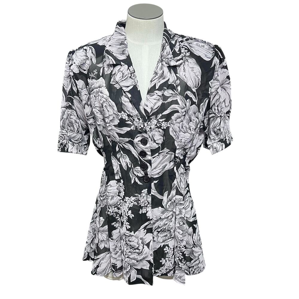 Condor Womens Vintage Black & White Sheer Floral Romantic Button Up Shirt Sz 10